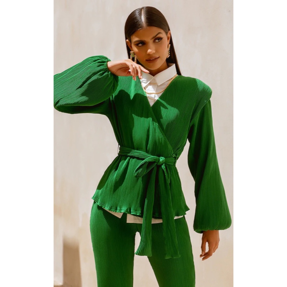 Green Shoulder Pad Wrap Plisse Blouse